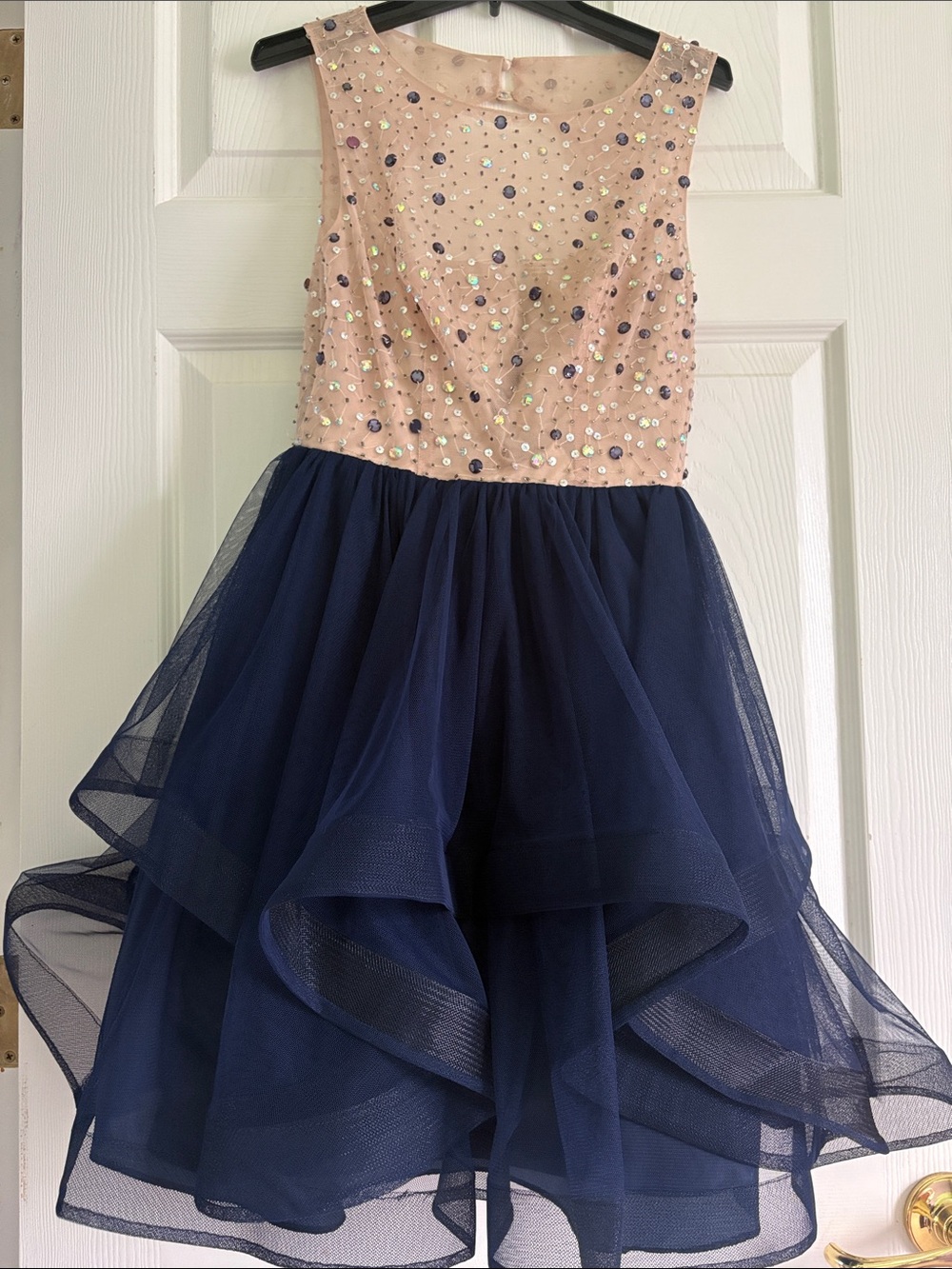 Navy Tulle Prom Dress with Blush Sequin Bodice